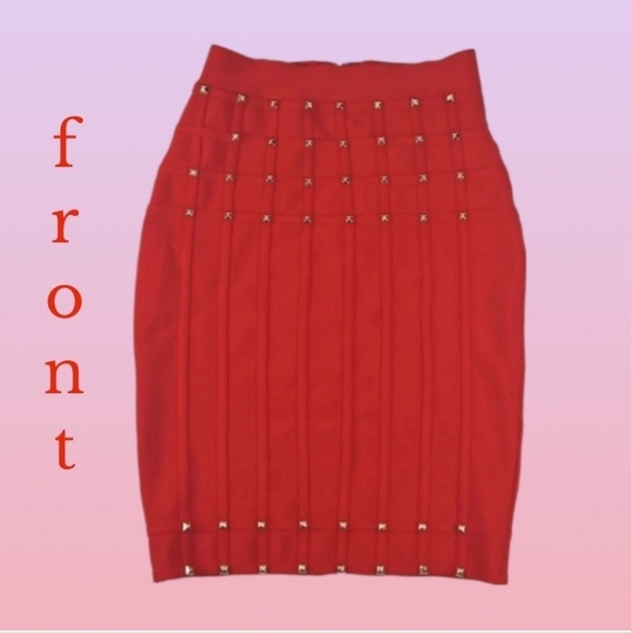 Red Gold Studded Bodycon Skirt, *M - Picture 1 of 5
